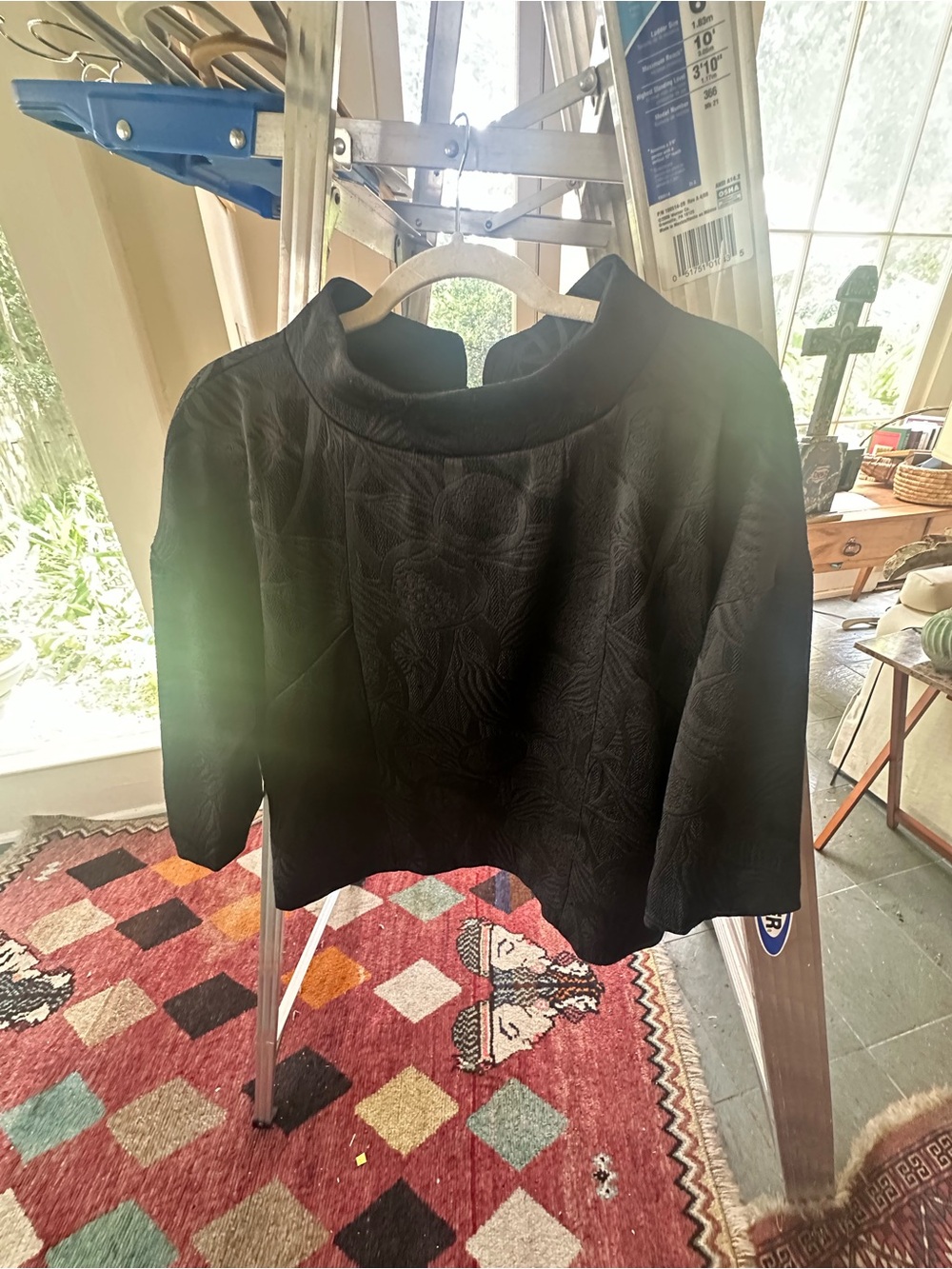 Women's Black Textured Mock-Neck Blouse